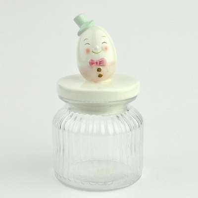 Hicheon  round stripe Glass Storage clear Jar With green cat eggs smile face  custom ceramic Lid Decorative Glass  Jar